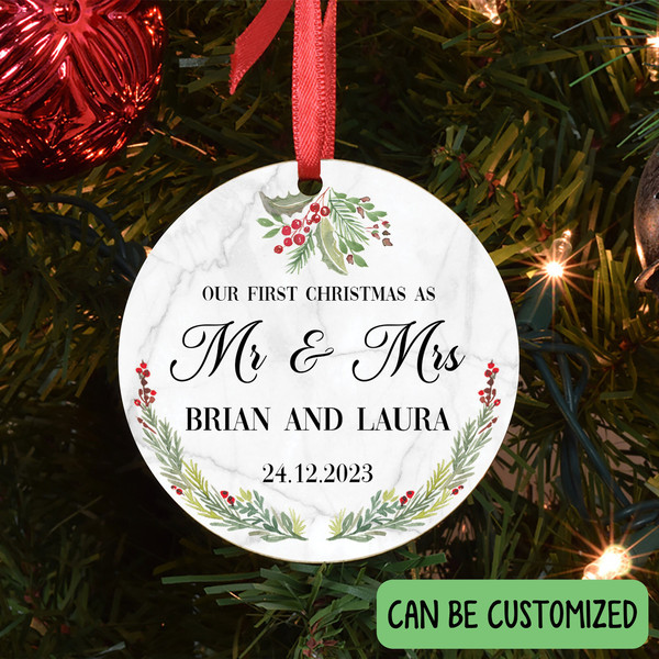 First Christmas Married Ornament, Mr and Mrs Sprig Christmas Ornament, Our First Christmas Married as Mr and Mrs Ornament, Personalized - 2.jpg