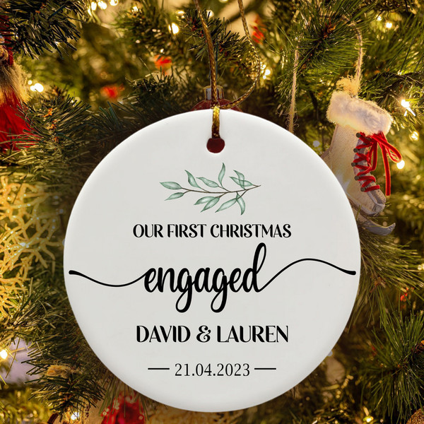 Engaged Christmas Ornament, Custom Greenery Engagement Keepsake, Personalized First Christmas Engaged, Classic Engaged Ornament Gift - 3.jpg