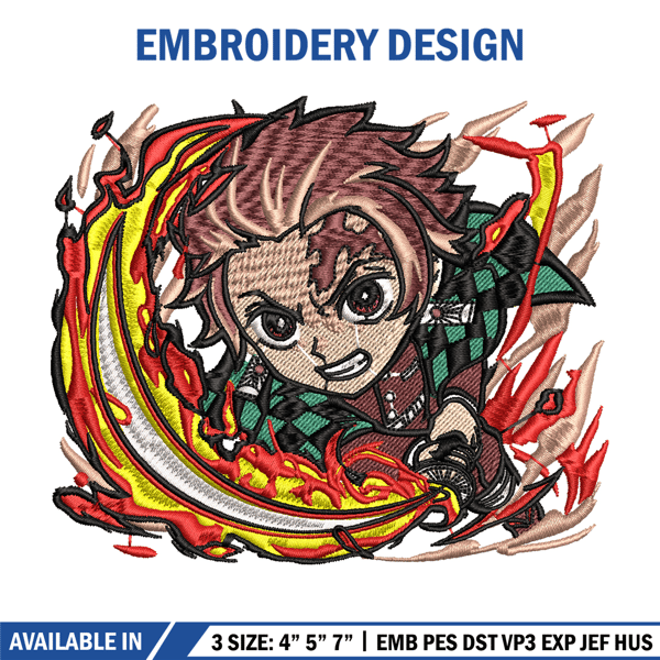 Tanjiro fire breathing chibi embroidery design, Kimetsu no Yaiba embroidery, anime design, logo shirt, Digital download.jpg