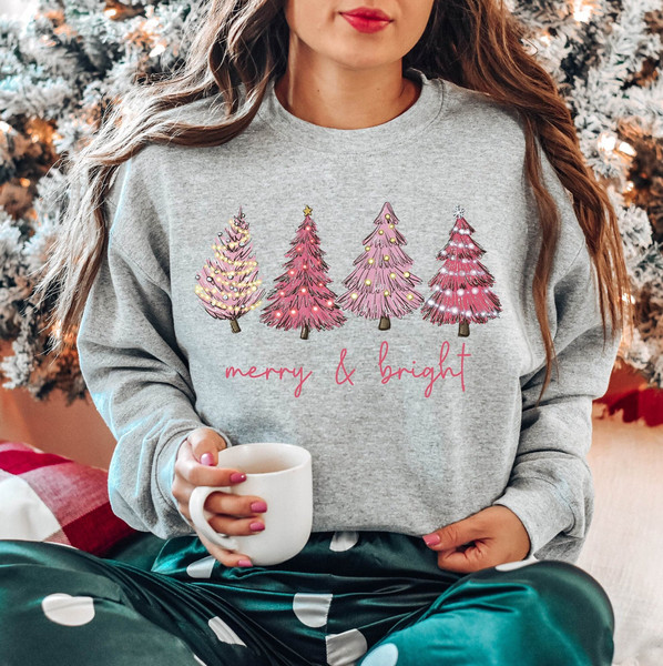 Merry & Bright Pink Christmas Trees Sweatshirt, Cute Christmas Sweatshirt, Women's Holiday Sweater, Winter Sweatshirt, Christmas Shirt - 2.jpg