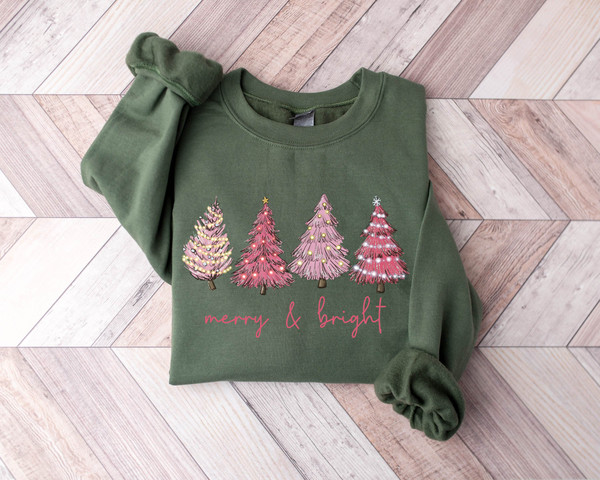 Merry & Bright Pink Christmas Trees Sweatshirt, Cute Christmas Sweatshirt, Women's Holiday Sweater, Winter Sweatshirt, Christmas Shirt - 4.jpg