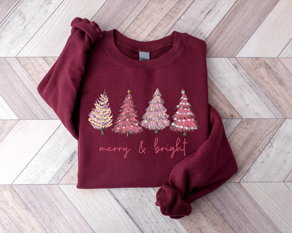 Merry & Bright Pink Christmas Trees Sweatshirt, Cute Christmas Sweatshirt, Women's Holiday Sweater, Winter Sweatshirt, Christmas Shirt - 5.jpg