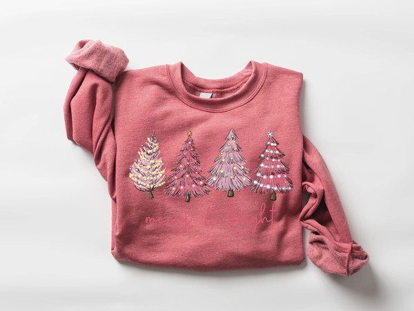 Merry & Bright Pink Christmas Trees Sweatshirt, Cute Christmas Sweatshirt, Women's Holiday Sweater, Winter Sweatshirt, Christmas Shirt - 7.jpg