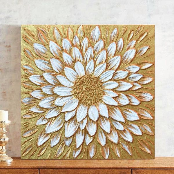 Golden-daisy-painting-floral-textured-artwork-large-flower-original-art