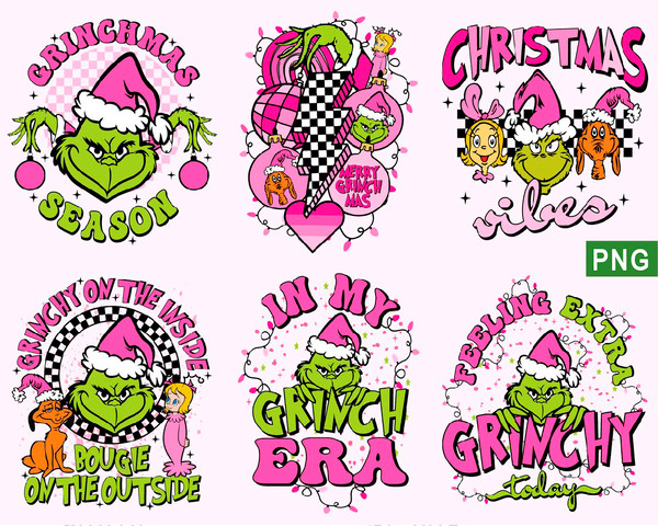 Retro Pink Grinch Christmas Png Bundle, Pink Grinchmas Png