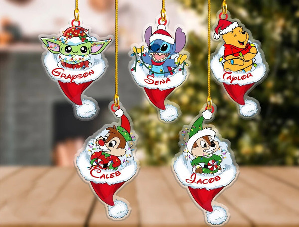 Personalized Disney Santa Hat Ornament, Disney Christmas Ornament, Disney Characters Ornament, Disney Christmas Decor, Acrylic Ornament 1.jpg
