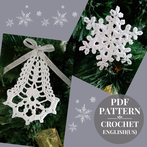 Crochet Christmas tree decoration pattern, Crochet snowflakes tutorial, Christmas bell pattern, Digital pattern pdf.