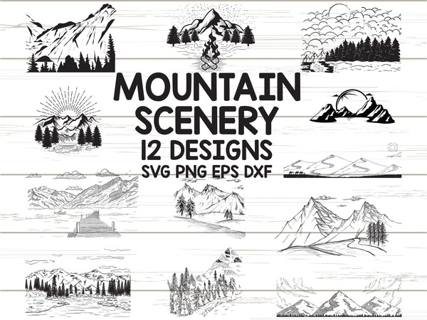 Mountain Scenery SVG Mountain Scenery Silhouette Cut Files Cricut Clipart Vector SVG PNG Eps Dxf.jpg