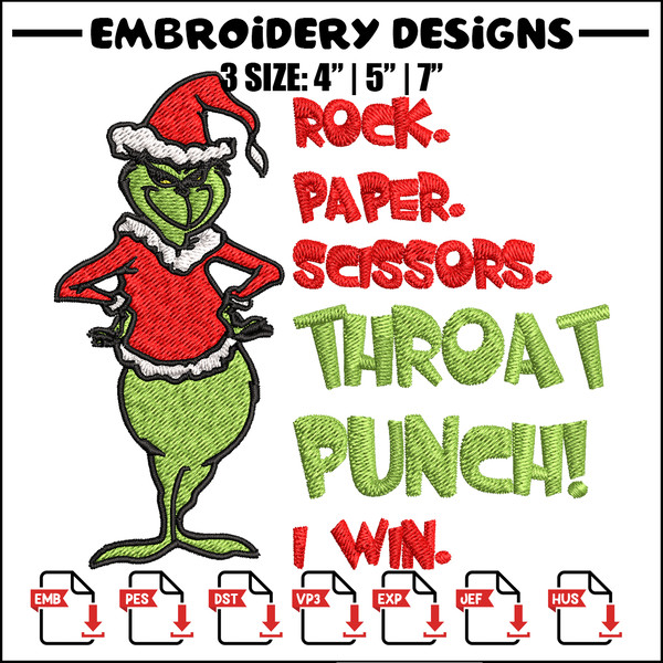 Rock Paper Scissors Throat Punch Grinch Embroidery design, Grinch Christmas Embroidery, Grinch design, Digital download.jpg