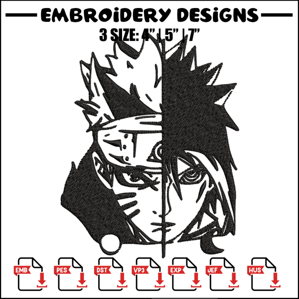 Sasuke and Naruto black and white Embroidery design, Naruto Embroidery, anime design, Embroidery File, Instant download..jpg