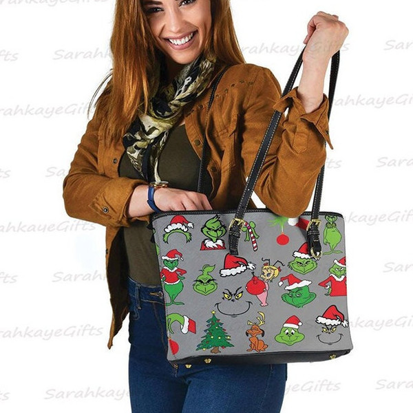 Grinch Large Leather Tote Bag, Grinch Lover Handbag, Custom Leather Large Bag, Woman Handbag and Wallet, Shopping HandBag, Handmade Bag 18.jpg