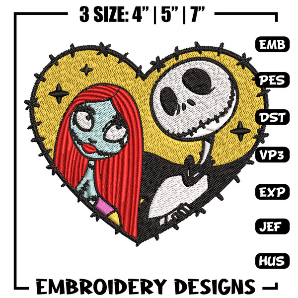 Jack and Sally in Heart Embroidery design, Horror Embroidery, horror design, Embroidery File, Digital download..jpg