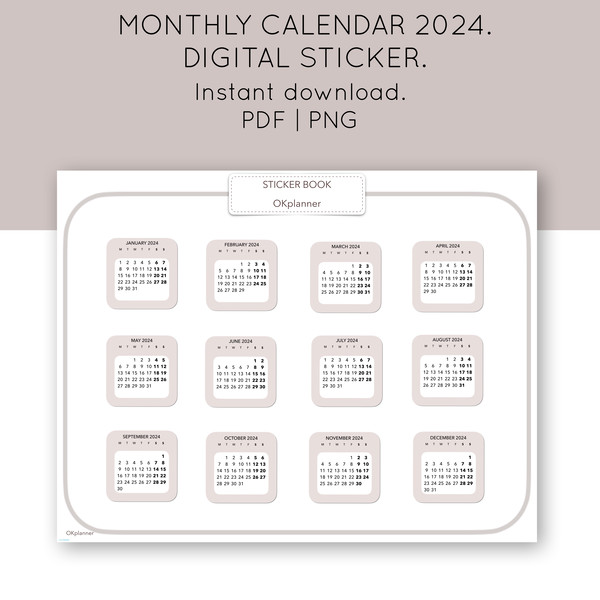 Digital monthly calendar 2024 sticker. Planner journal stick Inspire