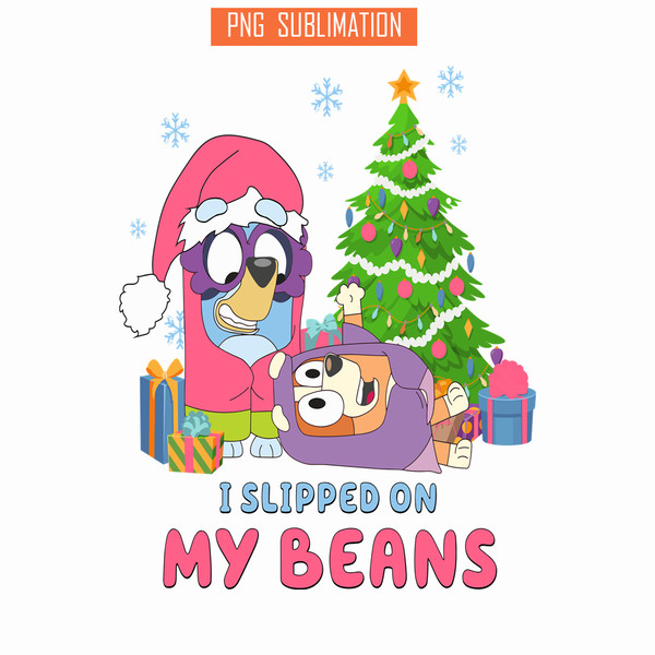 CRM13112309-Bluey Slipped On My Beans PNG, Christmas Tree PNG, Bluey And Christmas Gift PNG.png
