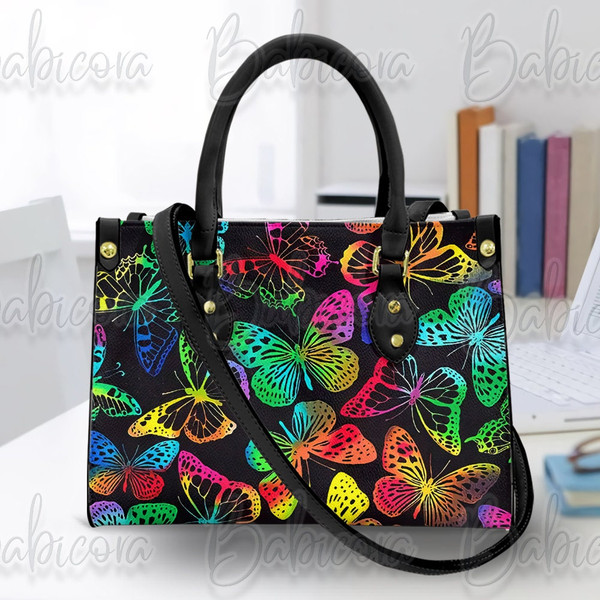 Butterflies Leather Handbag & Wallet,  Colorful Butterfly Shoulder Bag, Custom Bag, Retro Handbag, Mother's Day Gift 1.jpg