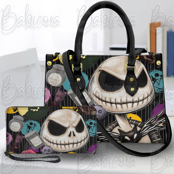 Jack Skellington Leather Handbag And Wallet, Nightmare Before Christmas Bag, Halloween Shoulder Bag, Movie handbag, Woman Shoulder Bag.jpg