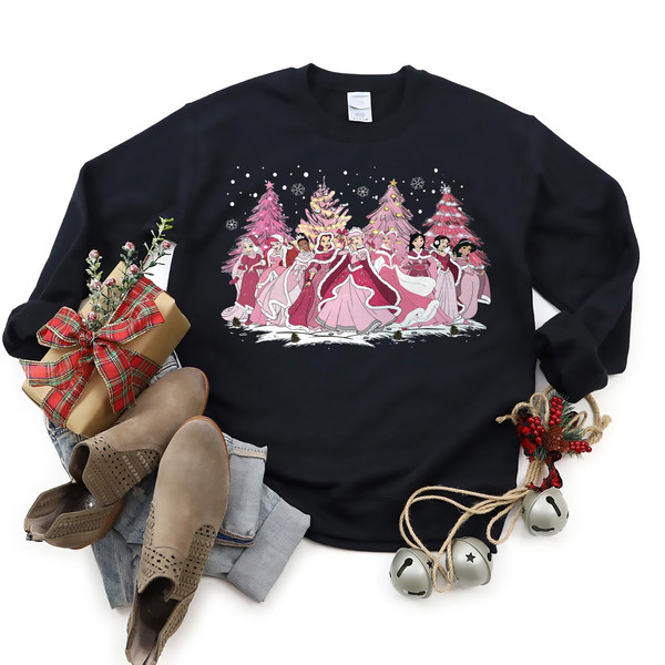 Pink Disney Princess Christmas Tree Shirt, Disney Christmas Girl Trip, Family Christmas Sweatshirt, Pink Christmas Tree T-shirt.jpg