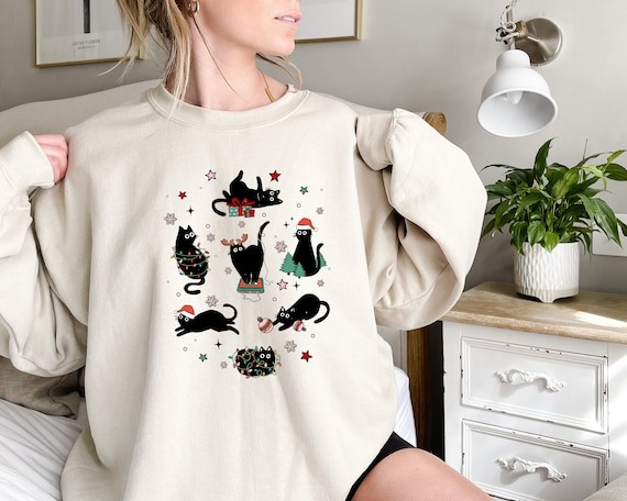 Christmas Black Cat Sweatshirt, Black Cat Christmas Shirt, Kitten Christmas Shirt, Cat Lover Gift, Cat Mom Sweater,Xmas Gift, Holiday Hoodie.jpg
