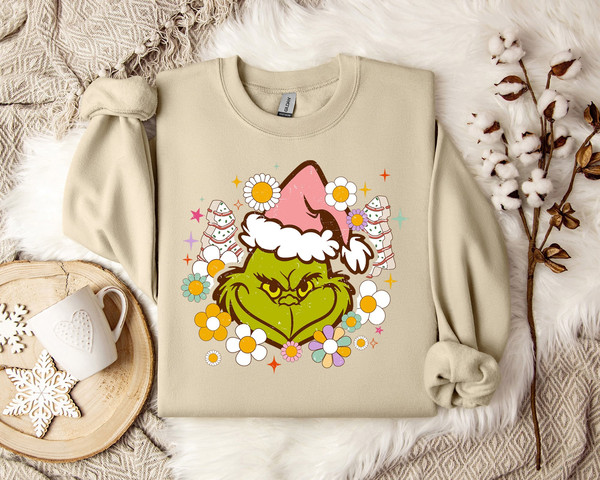 Grinch Pink Christmas Sweatshirt ,Festive Floral Christmas Sweatshirt, Holiday Bloom Jumper, Winter Flowers Pullover, Xmas Blossom Sweater.jpg