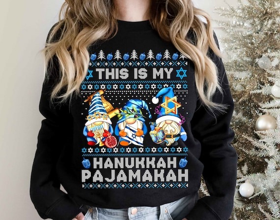 This Is My Hanukkah Pajamakah Ugly Christmas Sweatshirt, Hanukkah Gnomes Shirt, Gnome Hoodies, Jewish Gifts, Candle Lights, Chanukah Holiday.jpg