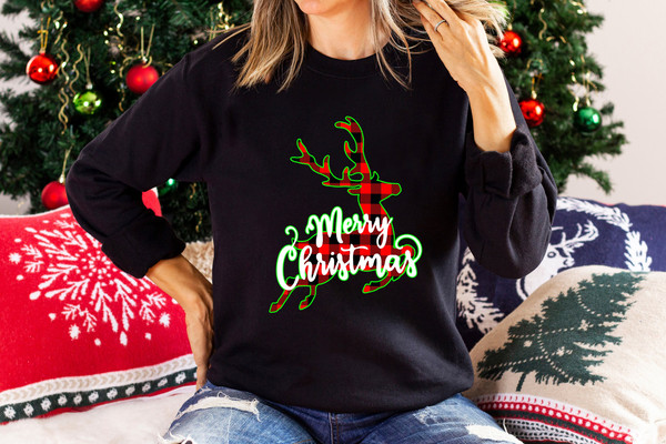 Merry Christmas Long Sleeve Shirt, Cute Christmas reindeer, Santa Shirt, Womens Christmas plaid shirt Christmas Gift for Wife, buffalo plaid.jpg