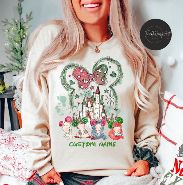 Personalized Disney Christmas Watercolor Princess shirt, Xmas Disney Castle shirt, Christmas Disney Girls Trip Shirt, Magic Kingdom shirts.jpg