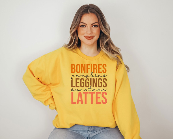 Thanksgiving Sweatshirt, Thanksgiving Shirt, Bonfires Pumpkins Leggings Sweaters Lattes, Funny Thanksgiving, Cute Fall Shirt, Autumn Shirt.jpg