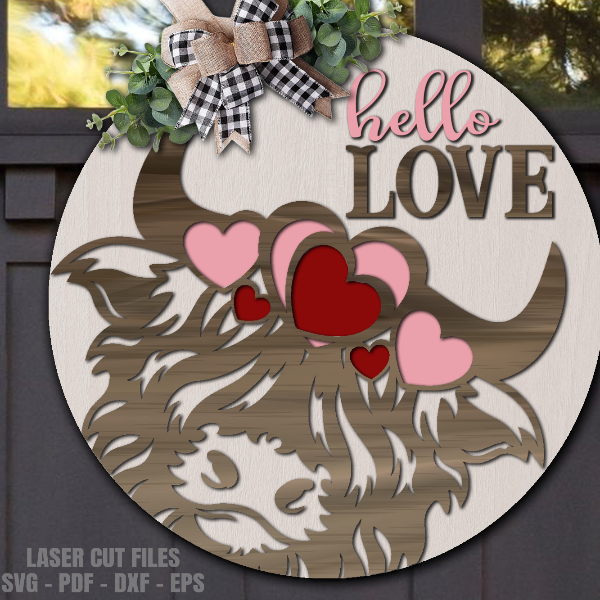 Highland Cow SVG Valentine Door Hanger SVG Laser Cut Files Hello Love SVG Heart SVG Glowforge Files DXF.png