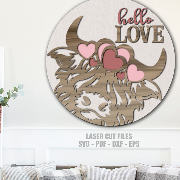 Highland Cow SVG Valentine Door Hanger SVG Laser Cut Files Hello Love SVG Heart SVG Glowforge Files 3.png