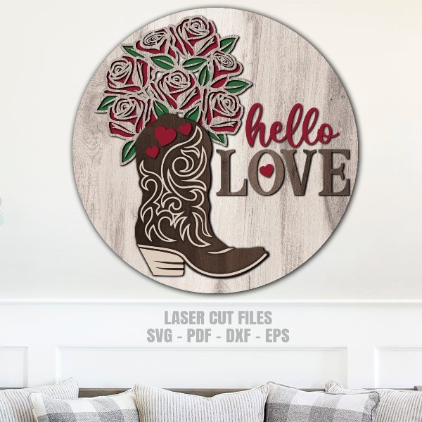 Valentines Day SVG - Cowboy Boot Door Hanger SVG - Laser Cut Files - Hello Love SVG - Valentine SVG - Glowforge Files - Cricut SVG Files