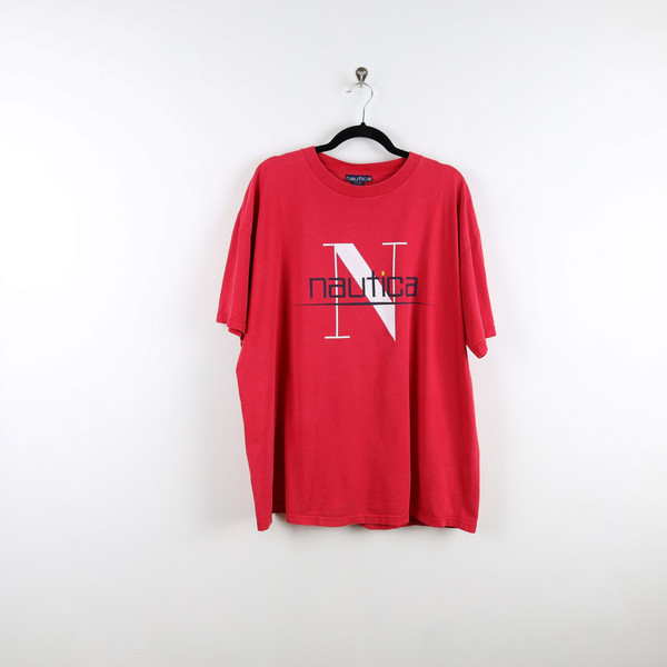 Vintage 90s Hot Red Nautica Graphic Print Tee Comfy T-shirt Size XL.jpg