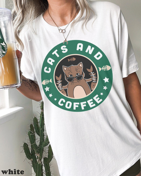 Cats And Coffee Graphic Tee, Funny Coffee Chain Parody Shirt.jpg