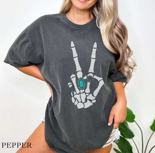 Concho Ring Skeleton Peace Sign Hand Comfort Colors Shirt, Skeleton Rock Hand Turquoise Rings Graphic Tee.jpg