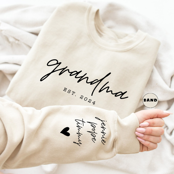 Custom Grandma Sweatshirt With Grandchildren Names On Sleeve, Personalized Granny Hoodie, Nana Outfit, Cute Gigi Clothings, Mothers Day Gift.jpg