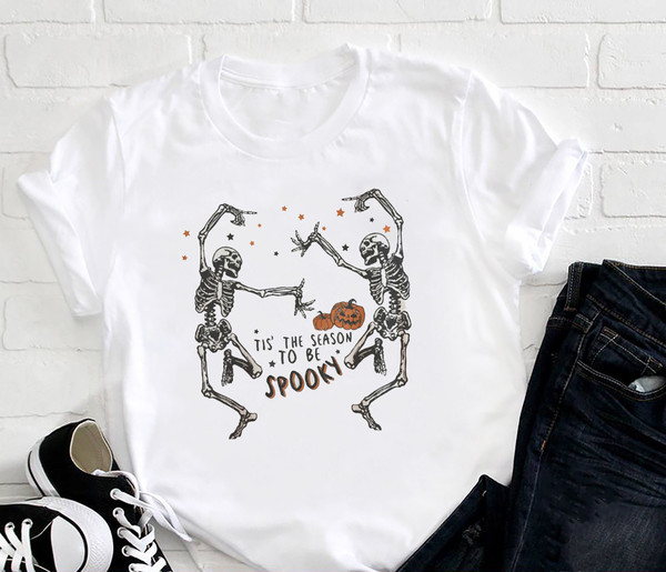 Dancing Skeleton Tis The Season To Be Spooky T-Shirt, Funny Halloween Unisex Shirt, Spooky Season T-Shirt, Halloween Gift Shirt For Family.jpg