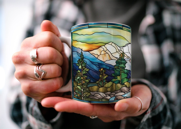 Stained Glass Mountain Range Coffee Mug  Nature Inspired  Outdoor Design  Watercolor Mountain Scene  Dad Gift  Gift for Nature Lover.jpg