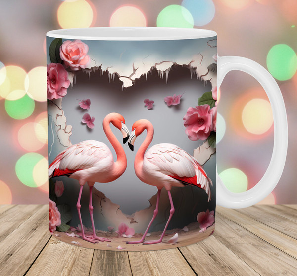 3D Flamingo Hole In A Wall Mug Wrap, 11oz & 15oz Mug Template, Mug Sublimation Design, Heart Mug Wrap Template, Instant Digital Download PNG.jpg