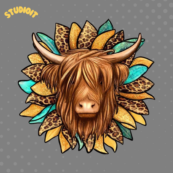 Western-Long-Hair-Shaggy-Cow-with-Sunflower-Png-Sublimation-Design-1087979153.png