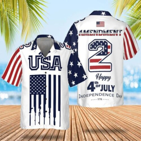 Amendment 4th Of July Patriotic American Flags Aloha Hawaiian Beach Summer Graphic Prints Button Up Shirt.jpg