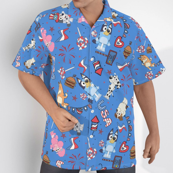 Bluey Fireworks 4th Of July Patriotic American Flags Aloha Hawaiian Beach Summer Graphic Prints Button Up Shirt.jpg