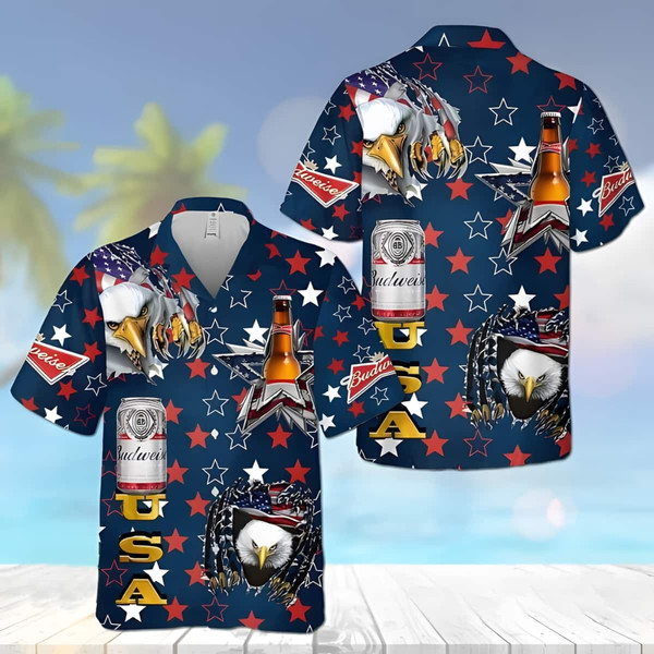 Budweiser Beer 4th Of July Patriotic American Flags Aloha Hawaiian Beach Summer Graphic Prints Button Up Shirt.jpg