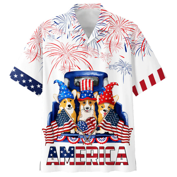 Corgi On Old Truck 4th Of July Patriotic American Flags Aloha Hawaiian Beach Summer Graphic Prints Button Up Shirt.jpg