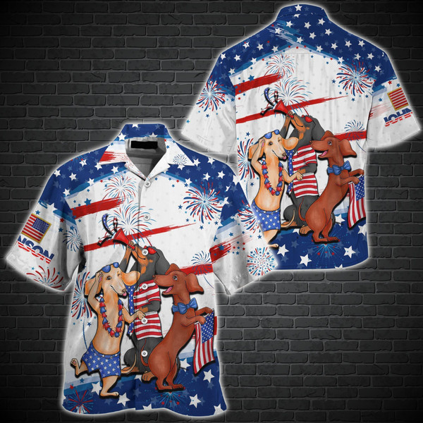 Dachshund 4th Of July Patriotic American Flags Aloha Hawaiian Beach Summer Graphic Prints Button Up Shirt 1.jpg