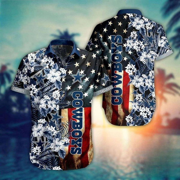 Dallas Cowboys Tropical 4th Of July Patriotic American Flags Aloha Hawaiian Beach Summer Graphic Prints Button Up Shirt.jpg