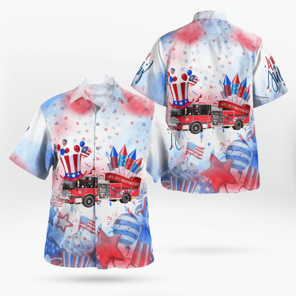 Firefighter 4th Of July Patriotic American Flags Aloha Hawaiian Beach Summer Graphic Prints Button Up Shirt.jpg