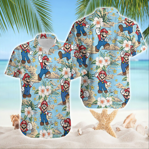 Mario Summer Hawaiian Shirt, Super Mario Hawaiian Shirt, Summer Beach Shirt, Mario Birthday Shirt Gamer Gift, Family Vacation 2024 Shirt 1.jpg