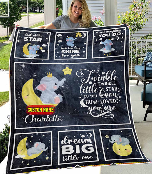 Elephant Personalized Baby Fleece Sherpa Blankets - Custom Baby Blanket with Name for Girls and Boys, New Born blanket, Gift for New Born 1.jpg