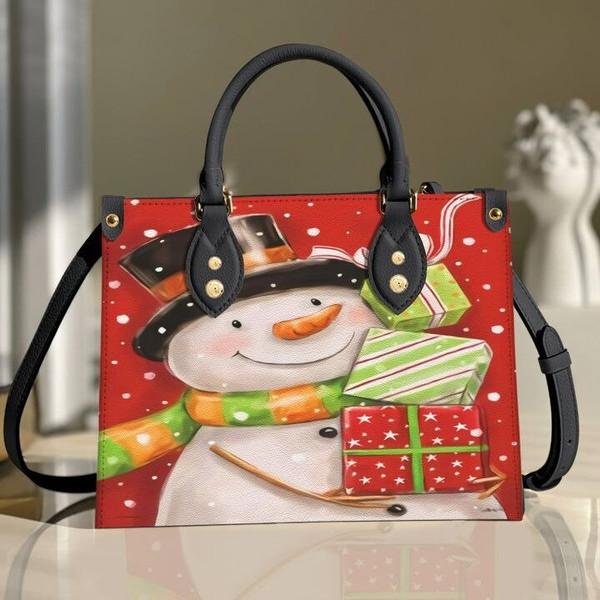 Snowman Leather Bag Handbag, Leather Christmas Handbag, Christmas Women Bag, Women Bag, Gift For Snowman Fans, Vinatage Handbag,Handmade Bag-2.jpg