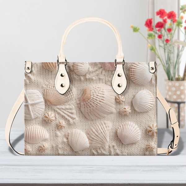 Faux Embroidered Seashell Print Leather Handbag, Summer Beach Print purse, Large Leather Tote Bag, Purse for Mom, Vacation Handbag.jpg