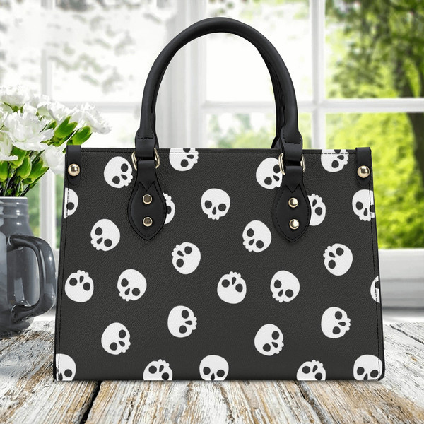 Black Skull Pattern Cute PU Leather Handbag, Cottagecore PU Leather Purse, Vegan Leather Luxury Boho Bag, Cute Skull Witch Purse.jpg